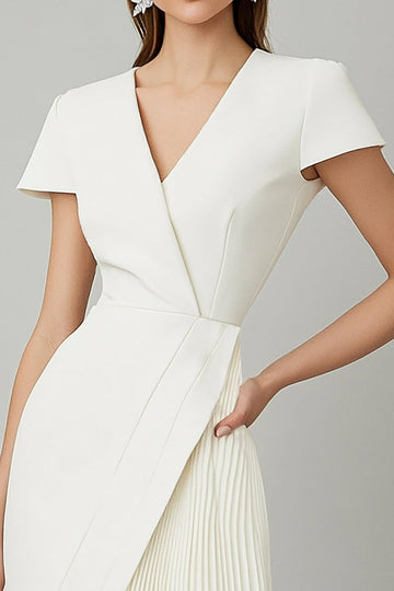 White V-Neck A Line Work Dress with Short Sleeves